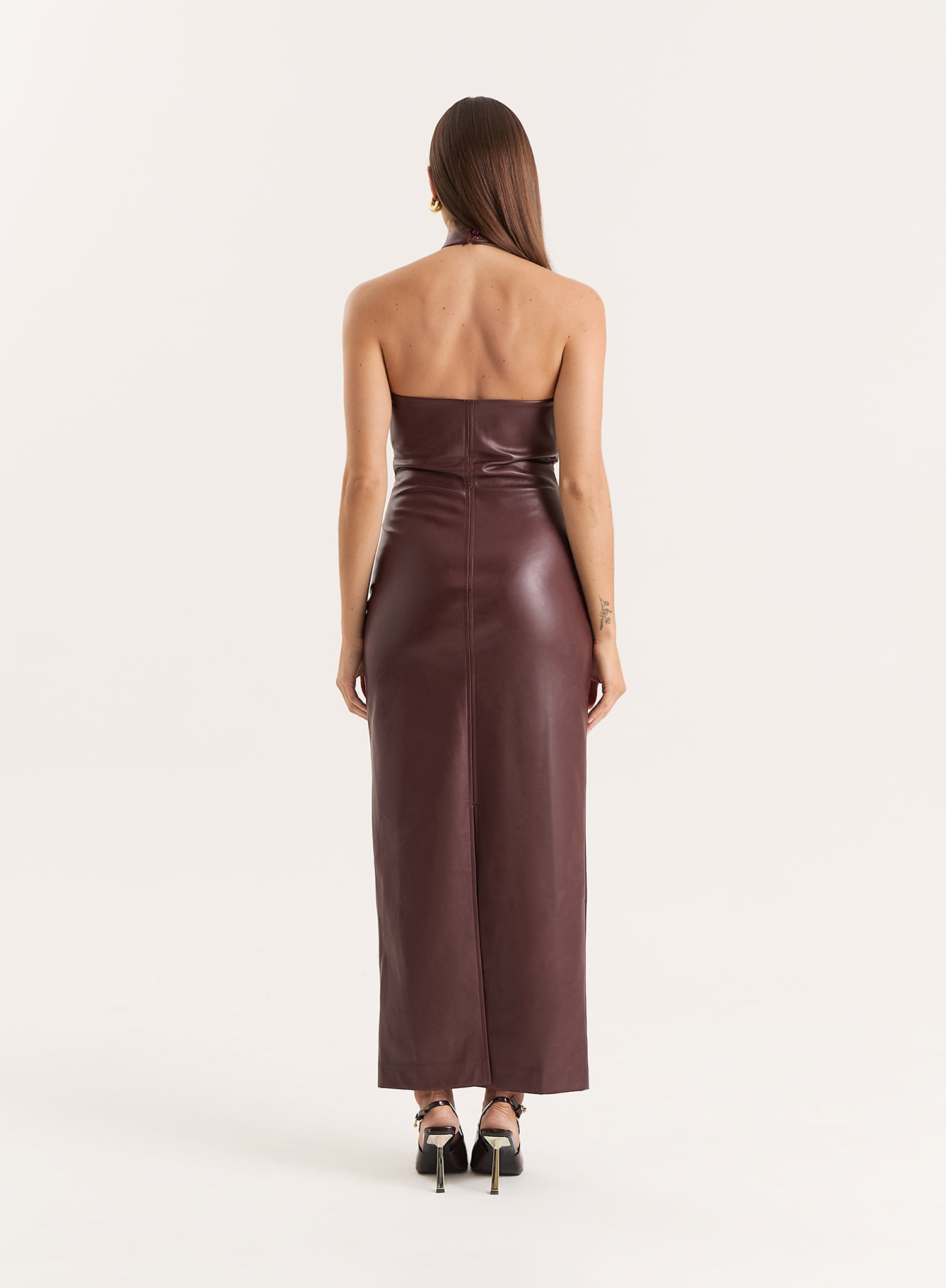 Burgundy Faux Leather Halterneck Maxi Dress- Rhea